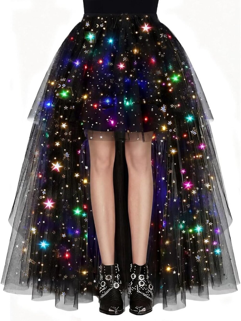 Women LED Light Up Tulle Tutu Skirt High Low Fluffy Sequin Ballet Dress-Black-a